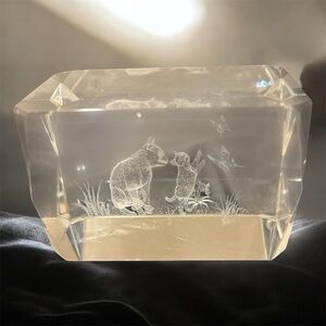 Crystal Cat and Kitten Etched Glass Block - Paperweight